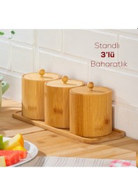 Resim Porsima Pbt-604 Bambu Çok Amaçlı Standlı Saklama Kabı Organizer 4 Parça Baharat Seti Bambu 