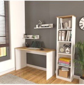 Resim Olven Raflı Çalışma Masası Ve Kitaplık Seti , Beyaz - Meşe 