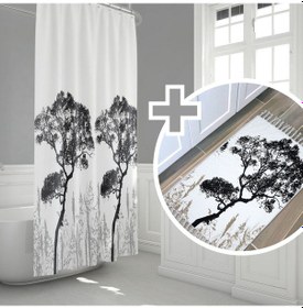 Resim Ağaç Desen Banyo Perde+Paspas Seti-Kaymaz Taban Kapı Önü Paspas Seti-180x200 cm Banyo Perdesi Seti Beyaz 