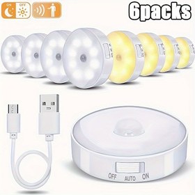 Resim 6 Adet USB Şarj Edilebilir LED Hareket Sensörlü Işıklar - Modern Ayarlanabilir Parlaklıkta Yatak ve Merdiven Aydınlatması ile Kızılötesi Sensör, Beyaz Plastik Tasarım Yatak Odası, Yurt ve Ev Kullanımı İçin, Kapalı Alanlar için 