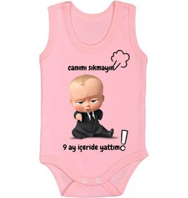 Resim Bebetospik %100 Pamuk 9 Ay İçeride Yattım Baskılı Zıbın & Body Pembe 