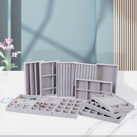 Resim 1 Set, 8 adet Kadife Takı Saklama Tepsisi, Yüzükler, Bilezikler, Saatler, Kolyeler, Küpeler vb. için Görüntüleme ve Depolama Uygun, Boyut: 21.29*12.5*2.49cm, Takı Tepsi 