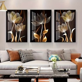 Resim 3 Parça Set, Siyah ve Altın Çiçek Duvar Sanatı Kanvas Tablo, Oturma Odası Dekorasyonu İçin Uyumlu - Modern Soyut Tasarım, Çerçeve Gerekmez 