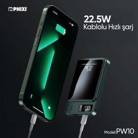 Resim Phixi Force PW10 10000mAh 22.5W MagSafe Powerbank - Kablosuz Mini Şarj Cihazı - 1 USB 1 PD Port - Dijital Ekran - Taşınabilir Şarj Cihazı 