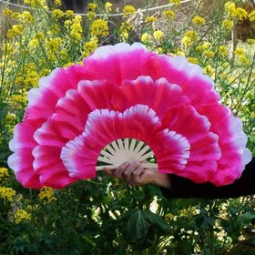 Resim El Yapımı Petal Şeklinde Bambu Fan - Canlı Pembe ile Altın Detaylar, Performanslar, Festivaller ve Partiler için Zarif Ahşap Tasarım, Festival Aksesuarı | Sanatsal Bambu El Sanatları | Detaylı El Sanatları, Bambu El Sanatları 