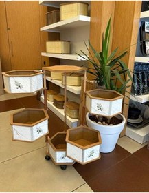 Resim Ahşap Altıgen Sebzelik 5 Katlı Yana Açılır Patates Soğan Tekerlekli Sebzelik Zeytin Beyaz 