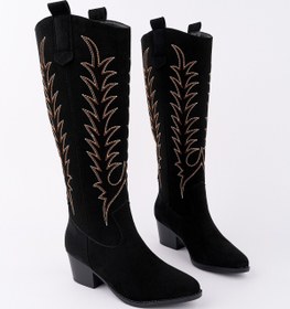Resim Muggo TEXAS Sivri Burun Nakışlı Kalın Topuklu Kadın Kovboy Western Çizme 