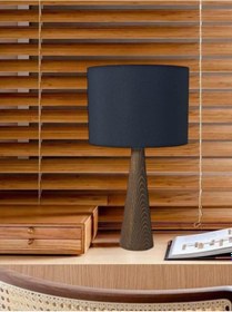 Resim Ahşap Konik Gövdeli Dizayn Abajur Kumaş Başlık Siyah 