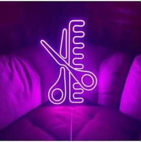 Resim Tarak Makas Neon Led Işık Mor 40x25 cm, 6382 