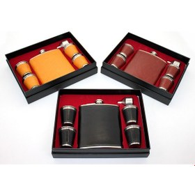 Resim Larimar Paslanmaz Çelik 4 Shot Bardaklı Derili Matara Seti Model 2 - 9013691204092lmr 