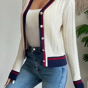 Resim Kadınların Zarif Çizgili Hırka - V Yaka Düğmeli Ön Uzun Kollu Açık Ön Tasarım, Kırmızı ve Mavi Yatay Çizgiler, Düzenli Beden Tüm Mevsim Katlama Parçası, Günlük veya Resmi Kıyafetler İçin, Dayanıklı Örgü 