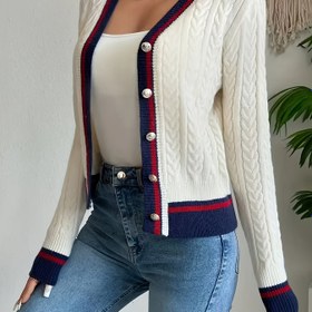 Resim Kadınların Zarif Çizgili Hırka - V Yaka Düğmeli Ön Uzun Kollu Açık Ön Tasarım, Kırmızı ve Mavi Yatay Çizgiler, Düzenli Beden Tüm Mevsim Katlama Parçası, Günlük veya Resmi Kıyafetler İçin, Dayanıklı Örgü 