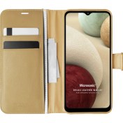 Resim Samsung Galaxy A12 Kılıf Delux Leather Wallet Gold Microsonic