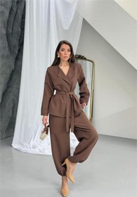 Resim Neşeli Butik kadın kahverengi kuşak detaylı oversize şalvar pantolon blazer ceket takım NBNP023 
