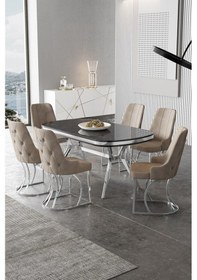 Resim Canisa Epal Serisi 90x168 Lak Panel Siyah Mermer Desen Krom Ayaklı Masa Takımı Ve 6 Cappucino Sandalye Masa Siyah Mermer Desen Sandalye Cappucino 