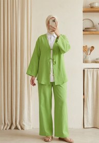 Resim MODAQU Bağcıklı Kimono Pantolon Takım Yağ Yeşil 
