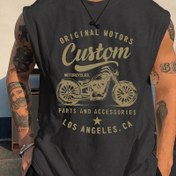 Resim Erkek Özel Motosiklet Grafik Tank Üst - Kolsuz Atletik Yelek "ORIJİNAL MOTORS Özel Parçalar ve Aksesuarlar" Baskı, Sarı, Yaz ve İlkbahar için Motosiklet Meraklıları Ekipmanı | Geometrik Baskı Üst | Polyester Kumaş, Motosiklet Aksesuarı 