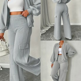Resim Kadınlar İçin Şık ve Basit Dokulu Tek Renk Uzun Kollu Fermuar Detaylı Pantolon Takımı Çift Parça 