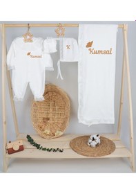 Resim Gros Shop %100 Pamuk Organik Dantelli Tulum 4'lü Hastane Çıkış Seti Kişiye Özgü İsimli Nakış Desenli Beyaz2 