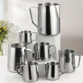 Resim 1 adet Süt Köpürtme Sürahisi Paslanmaz Çelik Kahve Buharlığı Fincanı, Espresso Buharlı Kahve Barista Latte Cappuccino Süt Kavanozu Kahve Makinesi Aksesuarları Kahve Bar Aksesuarları Coffeeware Hediye 