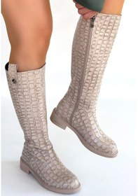 Resim Desenli Yandan Fermuarlı Topuklu Diz Altı Çizme Bej Topuk Boyu 3 Cm Bej 