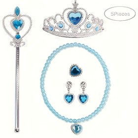 Resim Disney Frozen Prenses Elsa Giyinme Takımı - Plastik Taç, Sihirli Değnek, Kolye ve Küpe 5 Parça Seti, Prenses Partisi Doğum Günü Hediye Aksesuarları 