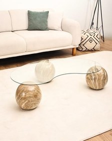 Resim Modern Orta Sehpa & Küre Sehpa & Top Sehpa & Şeffaf Fasulye Cam & Traverten Desen 