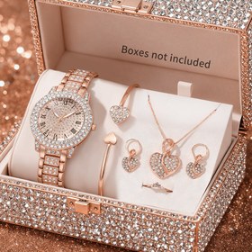 Resim 6'lı Kadın Zarif Yuvarlak & Takı Seti - Işıltılı Rhinestone Detaylı Kalp Şekilli Kolye Ucu, Küpeler, Bileklik & Altın Tonlu Yüzük Seti, Günlük Kullanım, Partiler, Sevgililer Günü, Noel, Cadılar Bayramı, Ramazan Hediyeleri İçin Mükemmel, saat, kadın saat kol saati, kadın saat, kadın kol saati, kol saati kadın, kol saati 