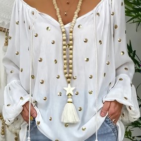 Resim Kadınların Büyük Beden Kırmızı Polka Dot V-Yaka Bluzu, Bağcıklı Detaylı - Bahar/Yaz için Rahat Şık Uzun Kollu Üst, Esnek Olmayan Kumaş, Zarif Polyester Şirting, Çok Yönlü Moda | Zarif Rahat Giyim | Bağcıklı Detaylı 