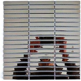 Resim MozaiKristaL Mutfak tezgah arası ve iç dekorasyon için 15x98mm. Gümüş Krom, 30x30cm. Fileli Kristal Mozaik. 