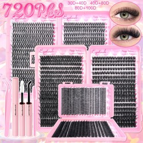 Resim Doğal Görünüm 30D+40D, Yoğun 40D+80D, Ekstra Kalın 80D+100D, Kedi Gözü 80D Çiftler Lash Kümeleri 1 Set 160/720 adet Karışık Uzunluk Bireysel Kirpikler Yapıştırıcı ve Cımbız ve Fırça ile, Kadınlar için Göz Makyajı Geliştirme Aracı, Kozmetik 