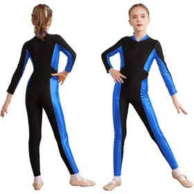 Resim Kızlar Dans Unitard Paten Tulum Tek Parça Uzun Kollu Bodysuit Jimnastik Leotard Kraliyet Mavisi 