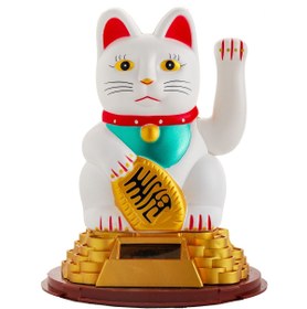 Resim LUCKY CAT Şans Kedisi Sallanan Pati Güneş Enerjili - Altın Para Basamaklı 11cm X 10cm X 15.5cm 