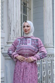 Resim HNT Hayrunnisa Tesettür Desenli Boydan Piliseli Kemerli Şifon Elbise Pudra HNT2968 