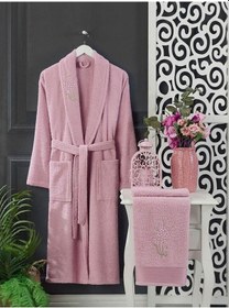 Resim Aile Kadın Erkek Havlulu Bornoz Takımı Gri - Pembe 4 Parça 