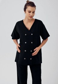 Resim Keten Kısa Kol Oversize Hamile Gömlek Ayarlanabilir Yüksek Bel Pantolon Takım K701 - Bej / M 