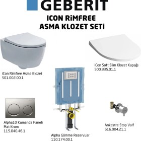 Resim Geberit Icon Rimfree ALPHA10 Soft Slim Asma Klozet Seti, Mat Krom 