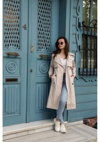 Resim Pastelastore Esnek Pamuk Gabardin Uzun 110cm Astarsız Kadın Trençkot 1117 Taş Rengi Taş 