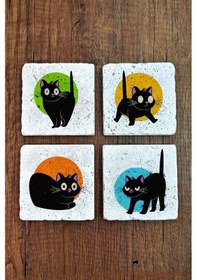 Resim Doğal Taş Bardak Altlığı 4'lü Set 10x10x1 Cm Şaşkın Kedi Desenleri -stone Coasters Çok Renkli 