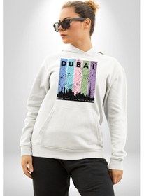 Resim Dubai Şehir Silüeti Renkli Şehir Kadın Erkek Beyaz Kapüşonlu Sweatshirt Hoodie Beyaz 