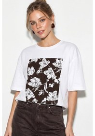Resim Shade Kadın Bisiklet Yaka Çiçek Baskılı Oversize %100 Pamuklu T-shirt Öt100001 60286273 - Beyaz-kahve Beyaz - Kahverengi 