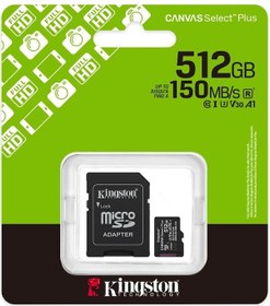 Resim Kingston Sdcs3-512gb 512gb Microsdxc Canvas Select Plus Gen3 150mb-s A1 Card + Adapter Hafıza Kartı 