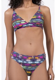 Resim Endeep Kadın Çizgi Desenli Özel Lurex Kumaşlı Toparlayıcı Bikini Takımı Mavi 