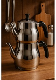 Resim Yunusoğlu Home Klasik Çaydanlık Takımı 0,8l Demlik 1,25l Alt Demlik Paslanmaz Çelik Soğuk Tutma Saplı Gri 