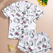 Resim Sanrio HELLO KITTY Baskılı Gençlik Pijama Takımı, Yaka Düğmeli Kısa Kollu Üst ve Şort Ev Giysisi 