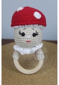 Resim Aleylife Amigurumi Organik Mantar Çıngırak Diş Kaşıyıcı Bej - Kırmızı 