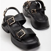 Resim İki Bant Klipsli Kalın Taban Siyah Kadın Dolgu Topuk Sandalet-3005-siyah Siyah 