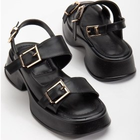 Resim İki Bant Klipsli Kalın Taban Siyah Kadın Dolgu Topuk Sandalet-3005-siyah Siyah 