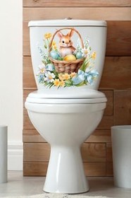 Resim Sepetteki Minik Tavşan ve Kır Çiçekleri Temalı Klozet Sticker Banyo Sticker 