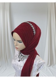Resim Aksesuarlı Bordo Tektek Model Hazır Duvak Hazır Şal Hazır Türban 